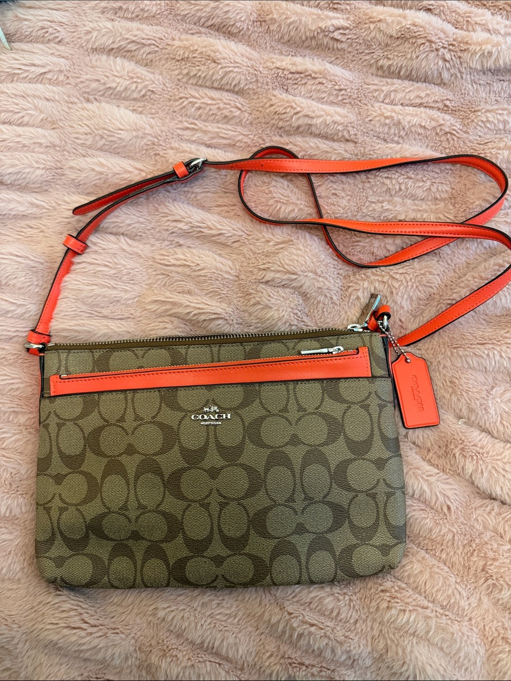 Coach Brown Signature Crossbody with Orange Trim